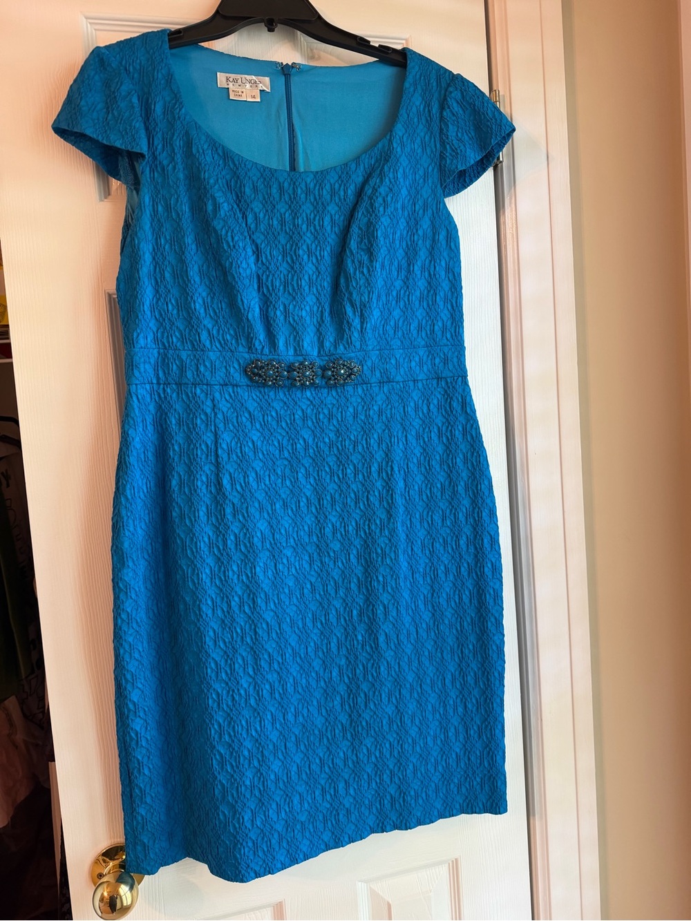Kay Unger Turquoise Textured Cap-Sleeve Midi Dress with Beaded Waist